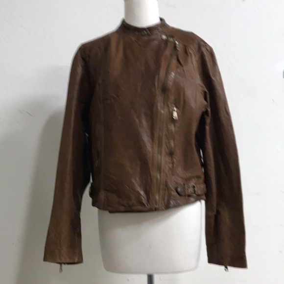 Lauren Ralph Lauren Burnished Leather Moto Bomber Jacket Dark Walnut